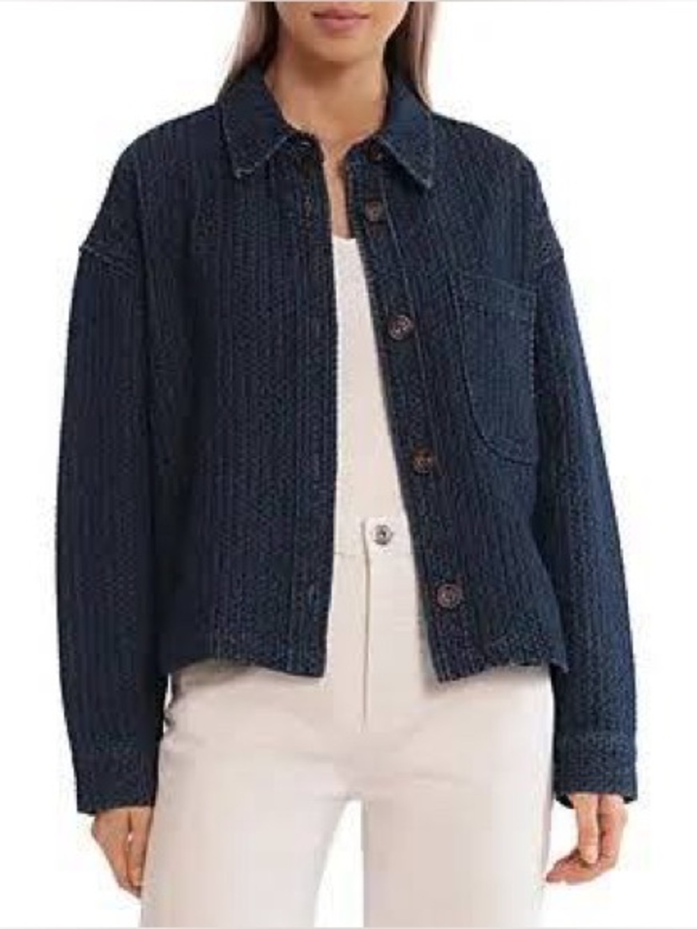 Avec Les Filles - Navy Textured Button-Front Shacket - Large